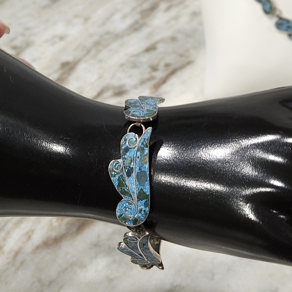 1940s Taxco Mexico Sterling Silver 950 Blue Stone Inlay 3 Piece Demi Parure Set - Picture 5 of 16